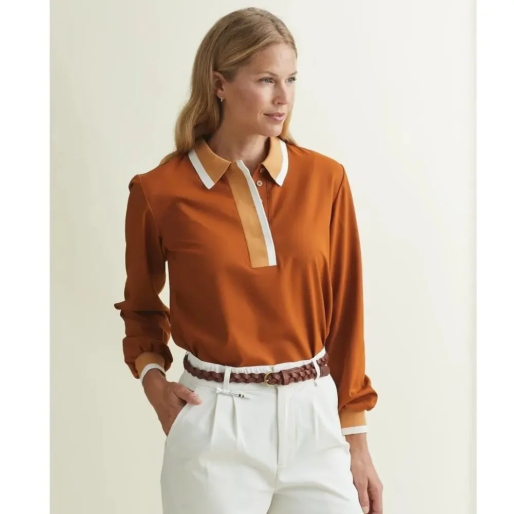A. Putnam Long Sleeve Polo Golf Shirt in Terra Orange Brown Stripe Trim M - Picture 1 of 14